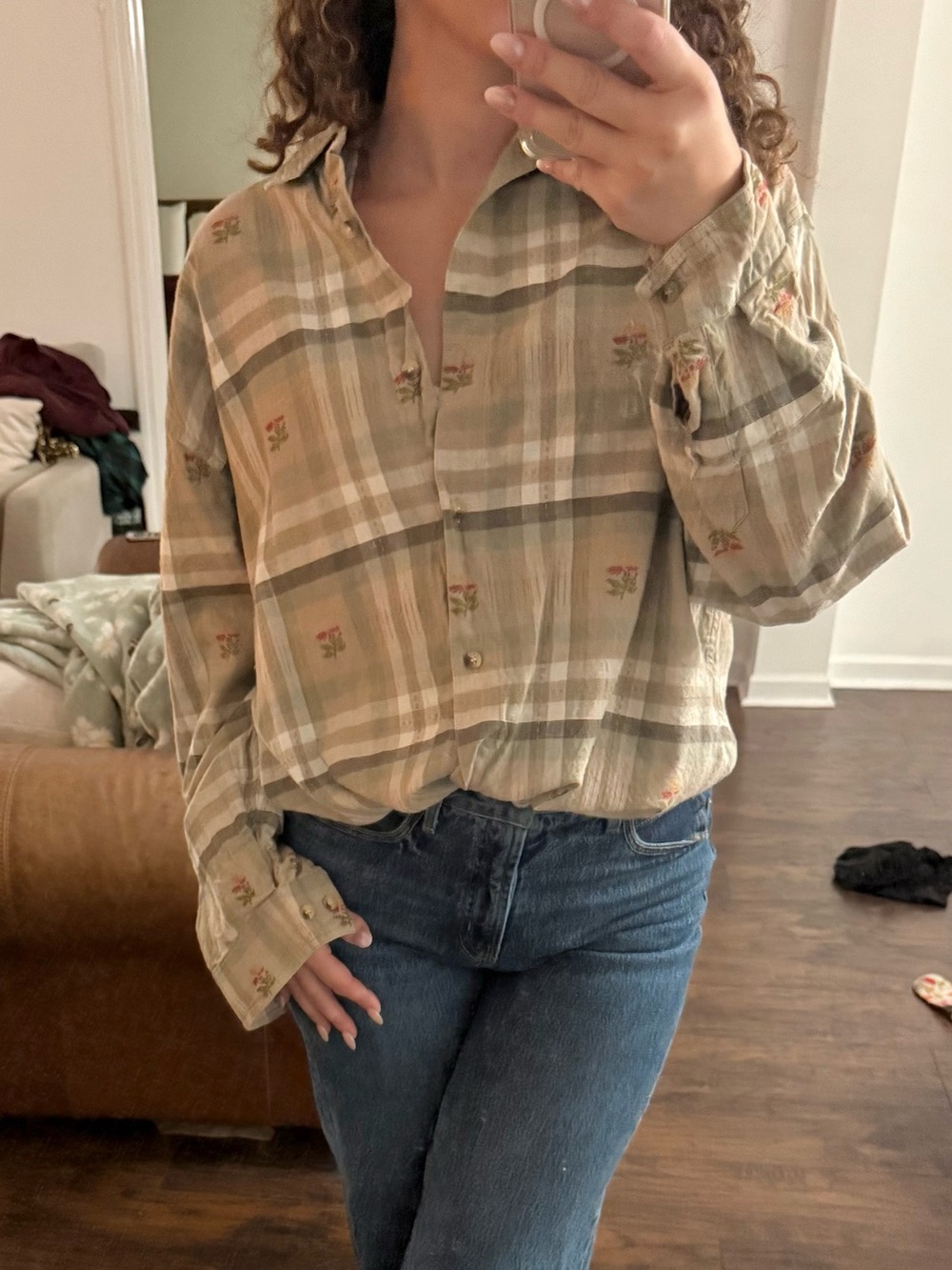 Tan Plaid Button-Up Shirt with Floral Embroidery
